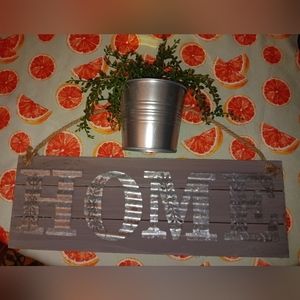 HOME Farmhouse Sign and Green Plant Silver Pot. Barn Wood. Metal Letters. New